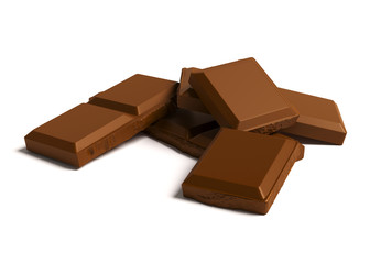 Chocolate pieces isolated on white background 3d rendering