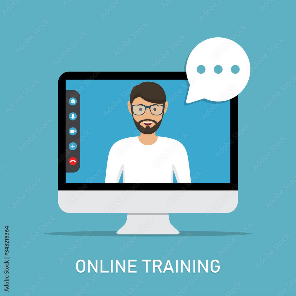Aufkleber online training with video teacher in computer monitor in a flat design