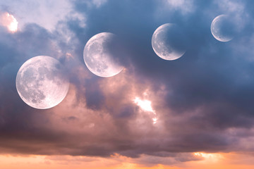 Steps of moon eclipse, lunar eclipse during sunrise, background 