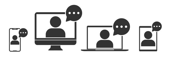 Online training in laptop, computer monitor, tablet, smartphone icon in simple design. Vector illustration