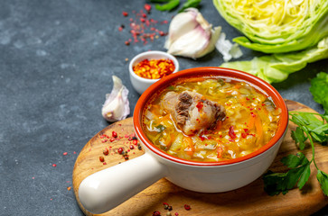 Soup of fresh cabbage and oxtails.