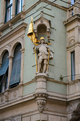 Statue of Saint Florian at the corner of Jungferngasse and Herrengasse, Graz, Austria - obrazy, fototapety, plakaty