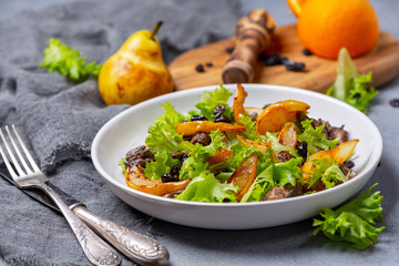 Warm chicken liver and pear salad.