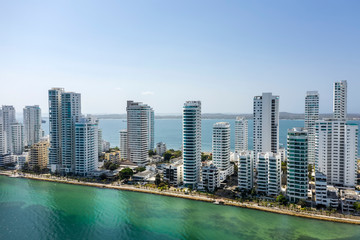 Obraz na płótnie Canvas Aerial morning view of Castillogrande prestigious beach district in Cartagena city.