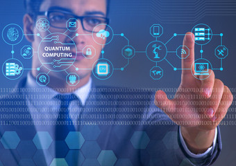 Businessman pressing virtual button in quantum computing concept