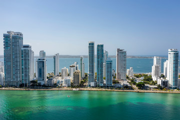 Obraz na płótnie Canvas Aerial View of the modern Skyline of Cartagena de Indias in Colombia on the Caribbean coast of South America.