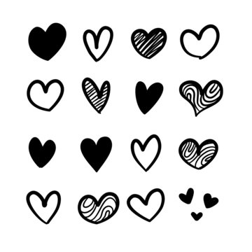Set of hand-drawn scribble hearts.