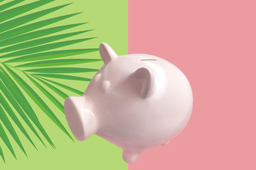 pink fat piggy bank on fresh green, pink geometric empty background, form for text, message with palm leaf