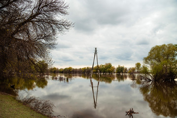 A river that overflowed its banks.Spring flood