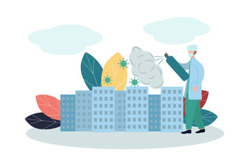 Vector illustration, concept of the fight of doctors with coronavirus infection. Flat style.