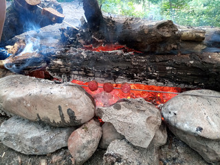 Frying slices of sausages on a bonfire on skewer.