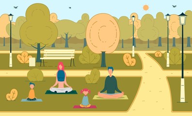 Happy Family with Kid Meditating in Green Park