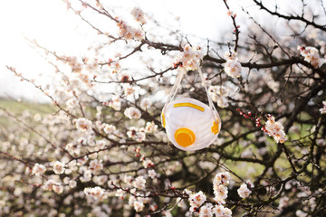 a respirator or mask against a background of flowering spring trees during the covid-19 coronavirus...