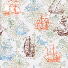 Old caravel, vintage sailboat, sea monster. Vector seamless pattern