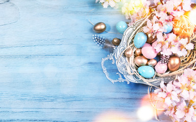 Easter background with bird case and spring flowers