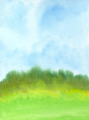 Fototapeta na wymiar Hill and bushes on a background of light blue sky, Watercolor sketch.