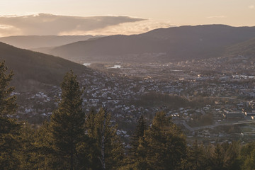 View of the evening city in the valley.