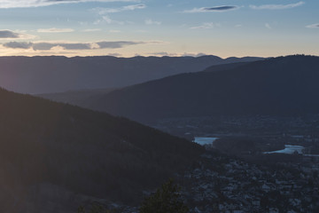 View of the evening city in the valley.
