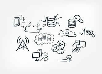 big data information cloud line art doodle vector symbol sign concept set