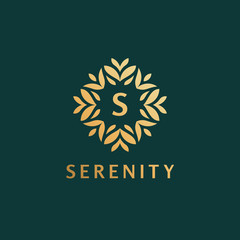 Fototapeta premium Premium linear ornamental letter S logo or monogram. Feminine floral decorative logo with leaf frame. Luxury alphabet symbol for cosmetics, organic, jewelry, beauty brand.