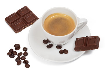 Cup of coffee and piece of chocolate and coffe beans on white background, isolated