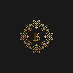 Premium linear ornamental letter B logo or monogram. Feminine floral decorative logo with leaf frame. Luxury alphabet symbol for cosmetics, organic, jewelry, beauty brand.
