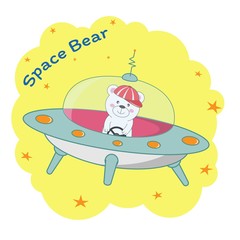 Happy cartoon bear astronaut on a space mysterious object ufo.