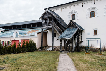 Old wooden porch in ancient building of Veliky Novgorod kremlin. Russia