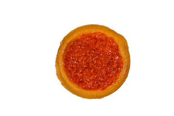 Tartlet with red caviar isolated on a white background. Festive food