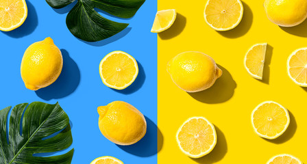 Fresh yellow lemons overhead view - flat lay