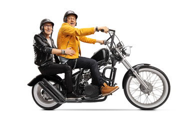 Fototapeta na wymiar Elderly male friends on a chopper motorbike
