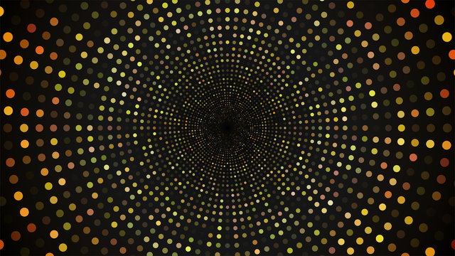 Golden dots tunnel. Abstract dark background. 