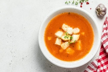 Italian feta tomato soup. Top view, copy spce.