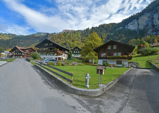 Beautiful View Of Lauterbrunnen Village In Switzerland. Lauterbrunnen Is A Village In The Interlaken Oberhasli Administrative District In The Canton Of Bern In Switzerland