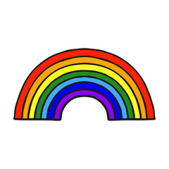 Beautiful bright cartoon rainbow icon. Front view. Hand drawn vector graphic illustration. Isolated object on a white background. Isolate.