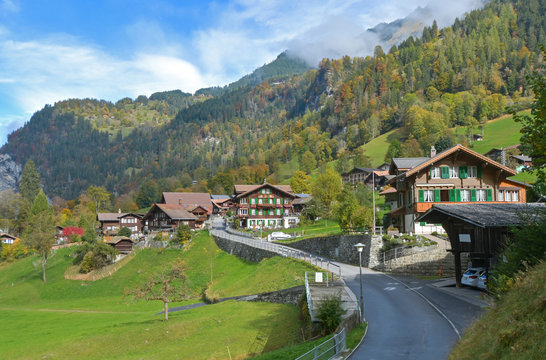 Beautiful View Of Lauterbrunnen Village In Switzerland. Lauterbrunnen Is A Village In The Interlaken Oberhasli Administrative District In The Canton Of Bern In Switzerland