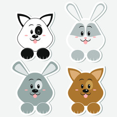 Set of cute vector animals stickers illustration. Little gray, brown and white vector dog with gray bunny for web, cards, children's books.