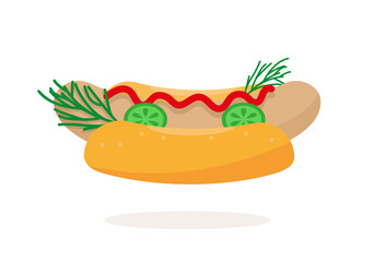 Hotdog with sausage, cucumber and ketchup.