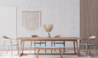 wooden chairs and table on white background, macrame and rattan home accessories , Scandinavian interior design.