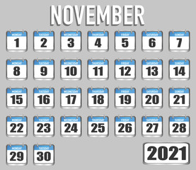November of 2021 year. Month, day, week. Simply trendy design. Vector illustration background for web, business, reminder, planner, organiser