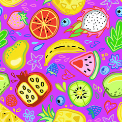 Seamless pattern with tropical fruits, flowers. Doodle style, cartoon. On colorful background.