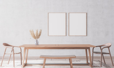 Fototapeta na wymiar wooden chairs and table on white background, macrame and rattan home accessories , Scandinavian interior design.