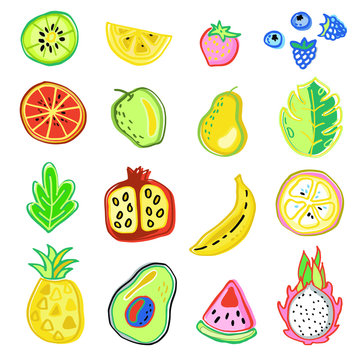 Tropical fruits and berry clipart set. Isolated on white background.