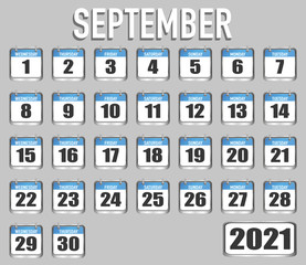 September of 2021 year. Month, day, week. Simply trendy design. Vector illustration background for web, business, reminder, planner, organiser