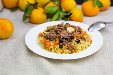 Samarkand pilaf on the Uzbek plate
