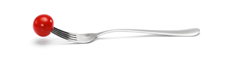 cherry tomatoes on a fork. isolated on a white background. Fork with cherry tomato close-up. Macro photo.