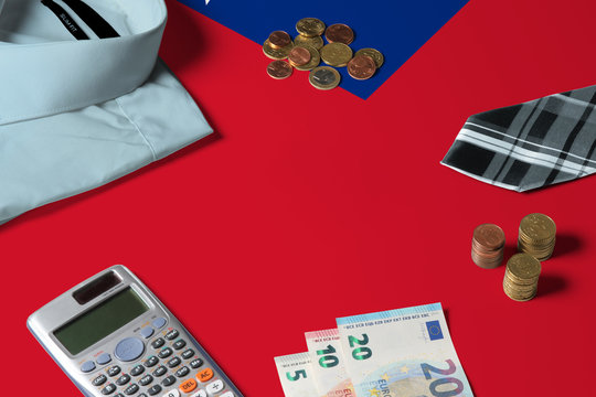 Samoa flag on minimal money concept table. Coins and financial objects on flag surface. National economy theme.