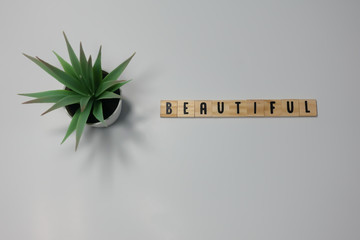 The word Beautiful written in wooden letter tiles on a white background.