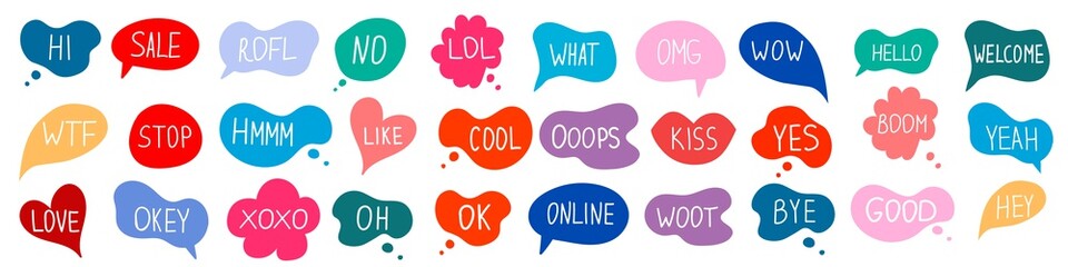 Bubble talk phrases Hand draw big set . Online chat clouds with different words comments information shapes vector isolated on white background