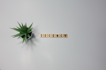 The word Decency written in wooden letter tiles on a white background.